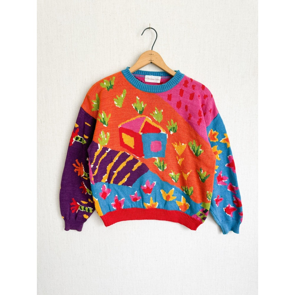 Christine Foley Sweater Abstract Landscape Intarsia Knit Multicolor Vintage